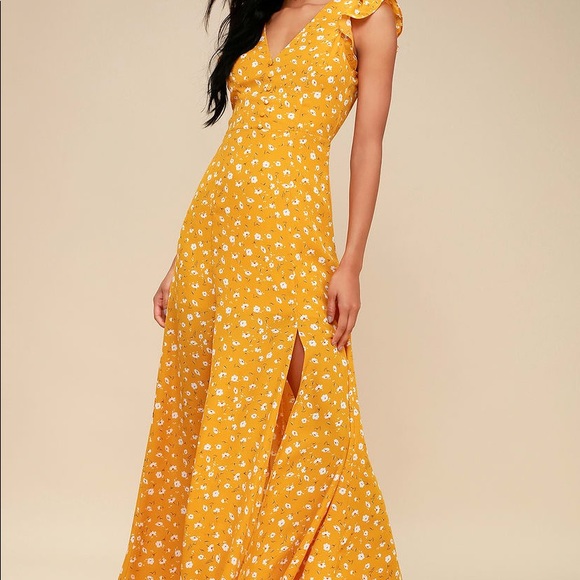 Lulus Fresh Picked Mustard Yellow Floral Print Backless Maxi Dress - Picture 3 of 7